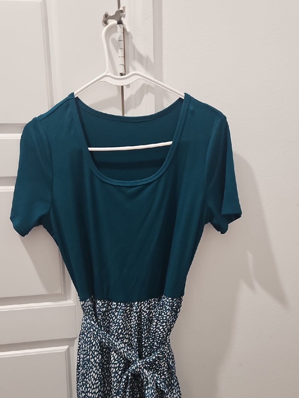 Teal Scoop Neck Dress with Printed Skirt